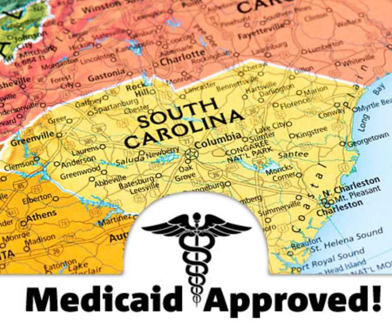 State of South Carolina and the states surrounding it on a simple map shown from above with the text "Medicaid Approved" at the bottom