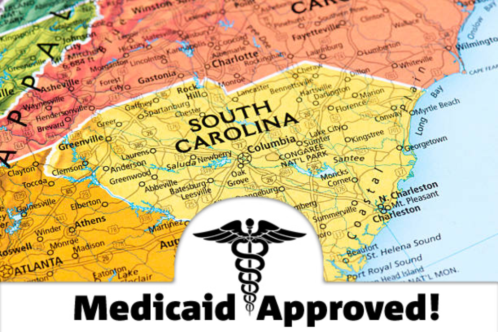 State of South Carolina and the states surrounding it on a simple map shown from above with the text "Medicaid Approved" at the bottom