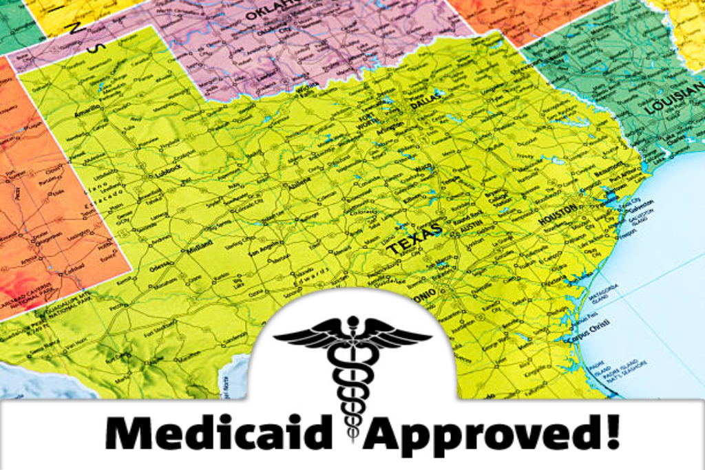 State of Texas and the states surrounding it on a simple map shown from above with the text "Medicaid Approved" at the bottom